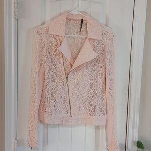 Floral Lace and Collared Neckline w Assymetrical Zipper Jacket